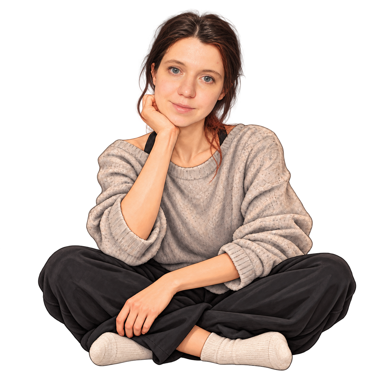 Illustrated portrait of Marju Halmann seated comfortably